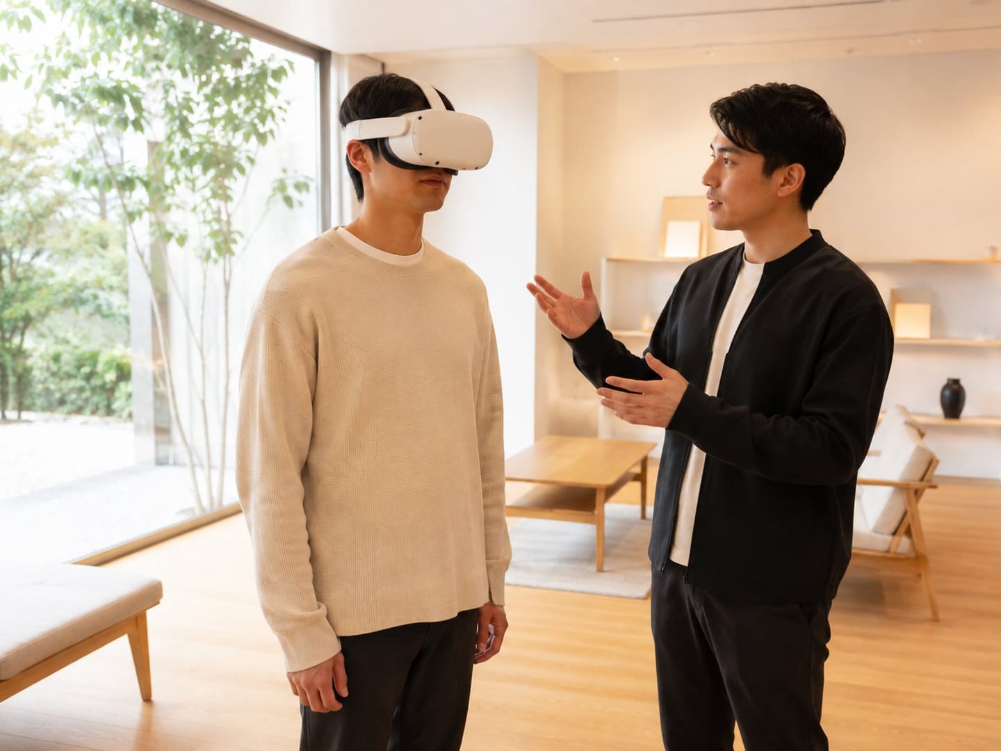 VR ヘッドセットで住まいを体感するお客様と、横で説明するスタッフ
