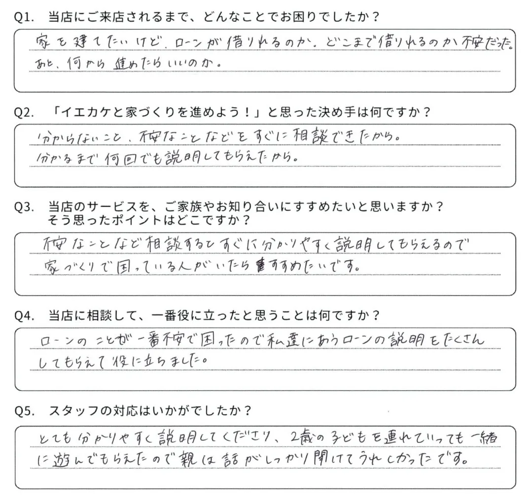 松江市 N様からいただいた手書きのアンケート回答