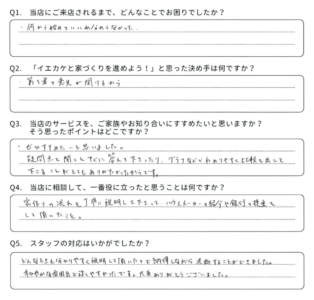 松江市 D様からいただいた手書きのアンケート回答
