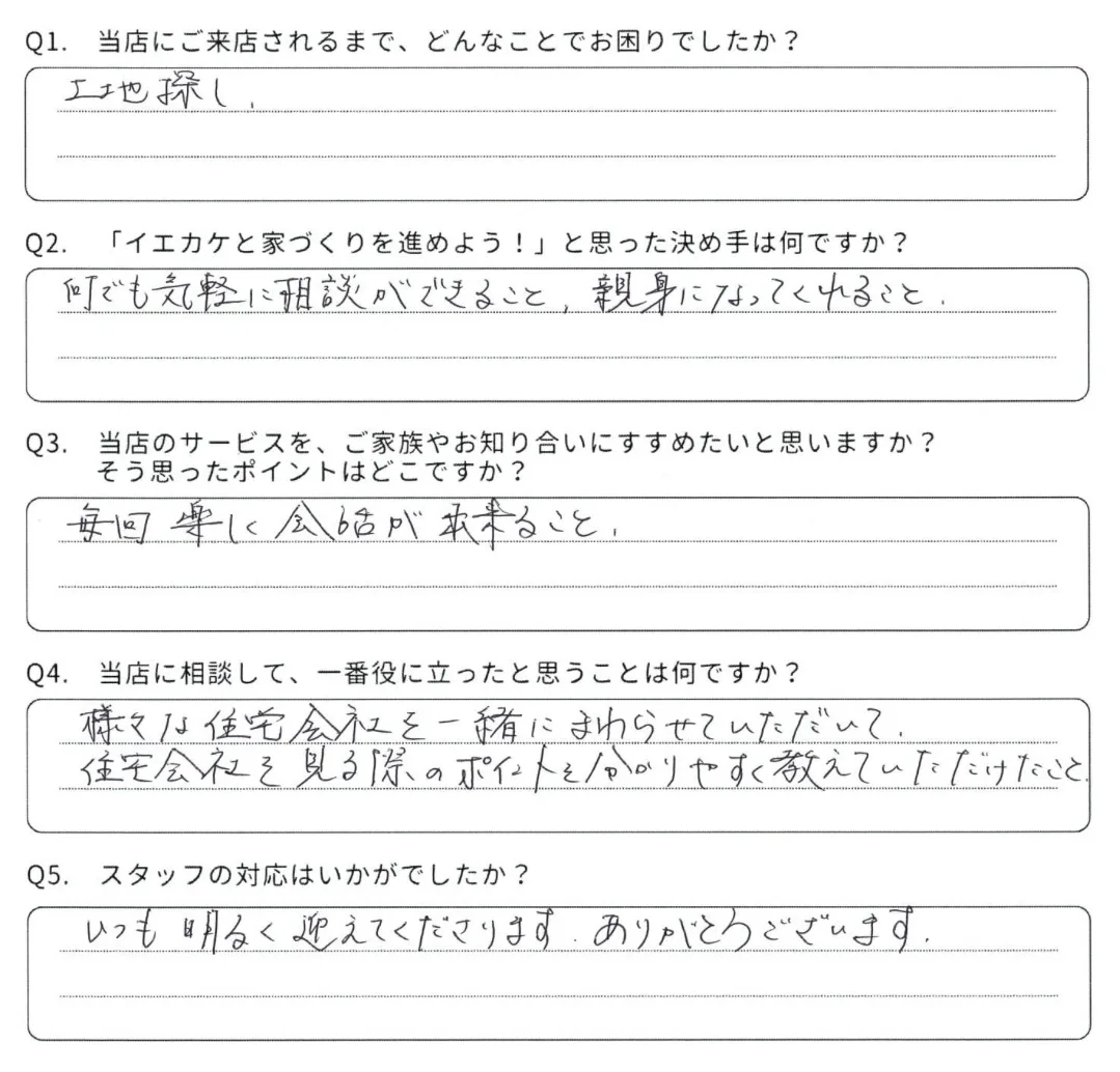 松江市 O様からいただいた手書きのアンケート回答