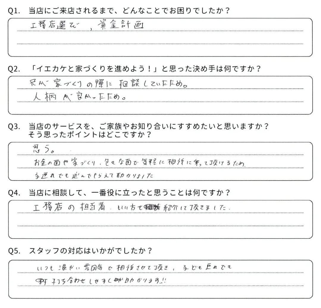 出雲市 I様からいただいた手書きのアンケート回答