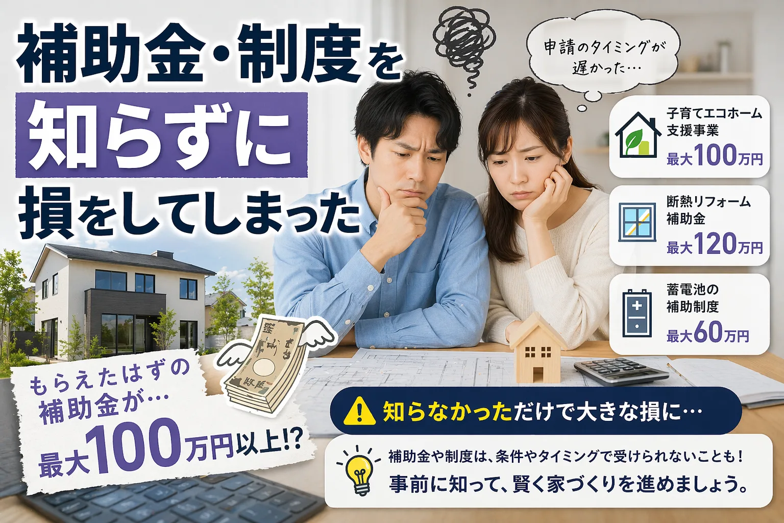 後悔した例：補助金・制度を知らずに損をしてしまった。申請のタイミングを逃すと最大100万円以上の差が出ることも