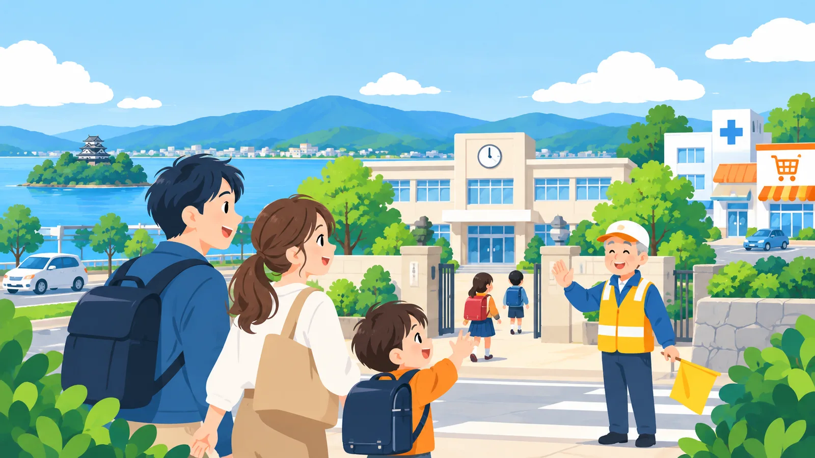 湖と城を望む街で、小学校へ登校する子どもと家族を、旗を持った見守りの人が迎えているイラスト