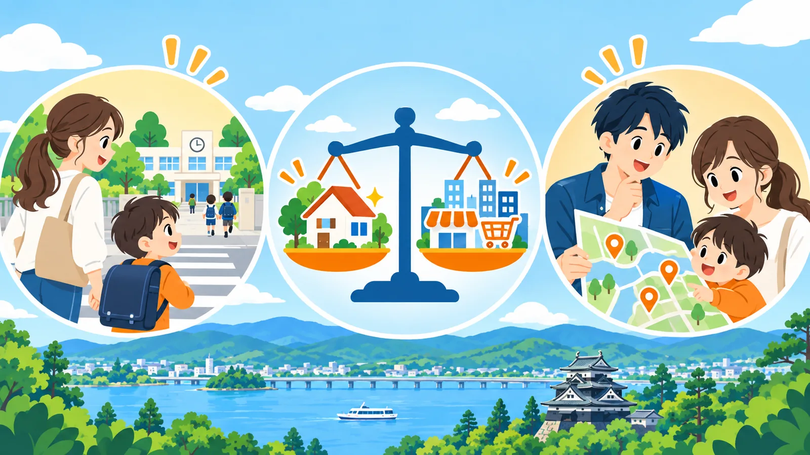エリア選びの3つの視点を表したイラスト。通学路を歩く親子、住まいと買い物の便利さを比べる天秤、地図を広げて候補地を探す家族