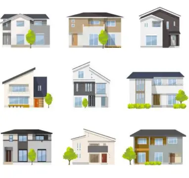 外観の異なる住宅が8棟並ぶイラスト