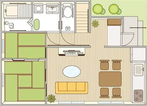 平屋の間取り図。玄関、水まわり、居室、リビングダイニングの配置