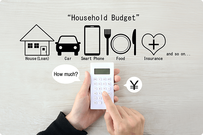家計の内訳。住宅ローン、車、スマートフォン、食費、保険などの費目を電卓で計算している