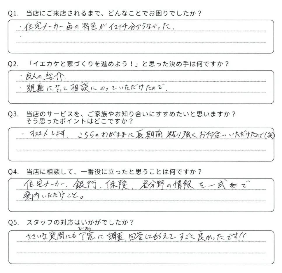 松江市 A様からいただいた手書きのアンケート回答